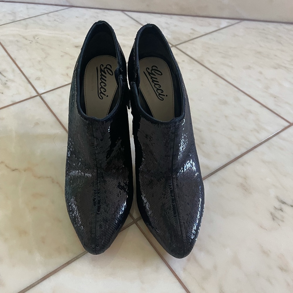 Gucci black sequin high heel ankle booties